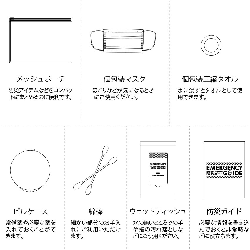 防災緊急7点セット　メッシュポーチバッグタイプ　ネイビー メッシュポーチ
防災アイテムなどをコンパクトにまとめるのに便利です。

個包装マスク
ほこりなどが気になるときにご使用ください。

個包装圧縮タオル
水に浸すとタオルとして使用できます。

ピルケース
常備薬や必要な薬を入れておくことができます。

綿棒
細かい部分のお手入れにご利用いただけます。

ウェットティッシュ
水の無いところでの手や指の汚れ落としなどにご使用ください。

防災ガイド
必要な情報を書き込んでおくと非常時などに役立ちます。
