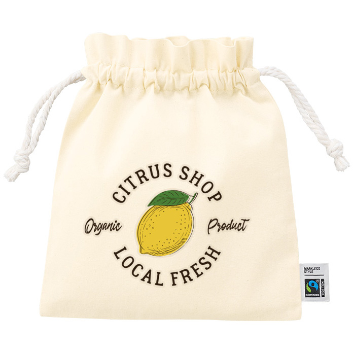 フェアトレードコットンフリル巾着バッグ（M）ナチュラル　フルカラーで写真表現ができる熱転写印刷