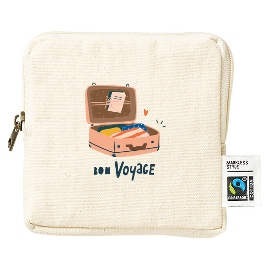 フェアトレードコットンスリムスクエアポーチバッグ（S）　ナチュラル フルカラーでインクジェットプリント