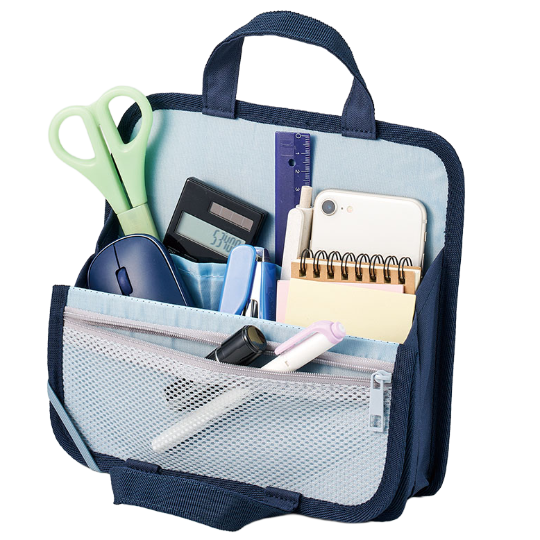 文具まとめて持ち運びバッグ 3色 多ポケットで細々アイテムもスッキリ収納 内側は明るい色で中身も見やすい! オープンタイプ の口元 背の高いアイテムも入れられます