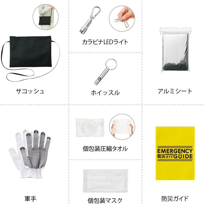 防災グッズって「大げさかな？」と思って後回しにしてしまうこと、ありませんか？でも実際に災害が起きた時には、用意してあって本当に助かった…という声を何度も耳にしています。

こちらの**防災8点セット（サコッシュタイプ）**は、避難の際にまず必要になるアイテムをきちんと揃えた安心の内容。サコッシュ型なので、肩にかけて両手を空けたまま持ち運べるのが便利で、いざという時に「すぐ持ち出せる」ことを考え抜いて作られています。

中には、暗闇で存在を知らせるカラビナ付きLEDライトや、体温低下を防ぐアルミブランケット、さらにホイッスルや軍手まで入っていて、想像以上に実用的。実際に避難訓練で持ってみたことがありますが、軽くて負担にならないのに必要な安心感はしっかりありました。

特に印象的だったのは、圧縮タオルとマスク。正直こんなにコンパクトなのに使えるのかな？と思っていたのですが、広げると立派なタオルに早変わり。マスクも個包装だから衛生的で安心です。

さらに、防災ガイドには自分や家族の連絡先などを書き込めるようになっていて、混乱した状況下でも冷静に行動できるサポートになります。

普段の生活の中で場所を取らずに保管でき、いざという時にサッと取り出せるこのセット。企業のノベルティや自治体の備蓄用にも選ばれているのも納得です。