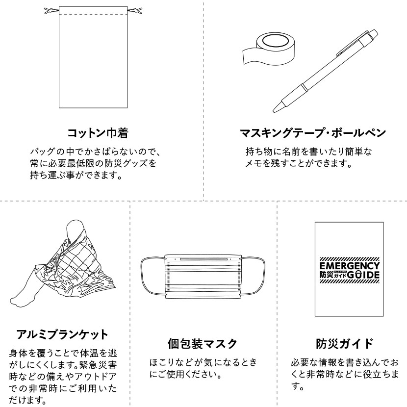 この防災セットは、ただの非常用アイテムではなく「情報を伝えるツール」としても活躍してくれる仕様なんです。正直、最初に手に取ったとき「名入れできる範囲がこんなに大きいのか」と驚きました。想像以上に広いスペースがあるので、企業ロゴをしっかり入れるのはもちろん、避難所の地図や連絡先、防災に関するメッセージまで載せられるんです。

実際に私も、地域のイベント用にこのセットを見本として作ったことがあります。避難所までのルートを印刷して配布したところ「これは本当に役立つ！」と参加者の方々から好評で、配った瞬間にその場でバッグに入れてくださる方が多かったんですよ。

中に入っているのは、マスクや防災ガイドなど災害時に欠かせないアイテムばかり。だから非常時に役立つのはもちろんなんですが、普段から「もしもの時に頼れる安心感」を持ち歩けるのが魅力です。企業や学校、自治体の防災啓発ノベルティとしてもぴったりで、ただ配るだけじゃなく“受け取った人の命を守る可能性がある”──そんな意味を持たせられるアイテムに仕上がっています。